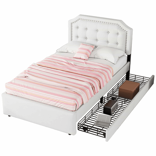 Cama estofada em tecido de linho com 2 gavetas - 90x200 cm - cabeceira decorada com rebites - Bege