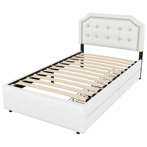 Cama estofada em tecido de linho com 2 gavetas - 90x200 cm - cabeceira decorada com rebites - Bege