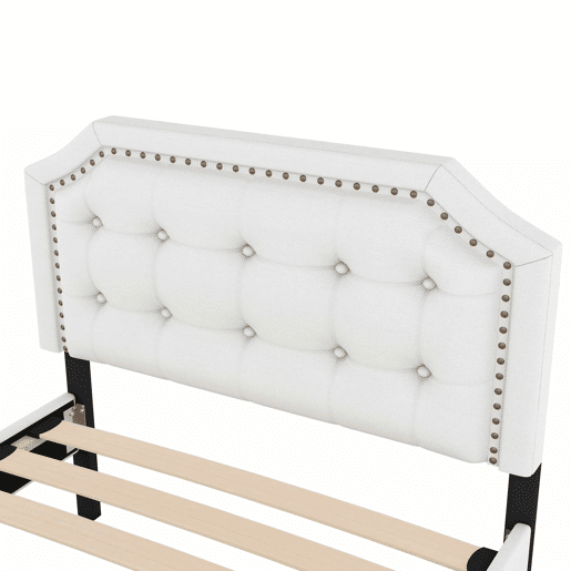 Cama estofada em tecido de linho com 2 gavetas - 90x200 cm - cabeceira decorada com rebites - Bege