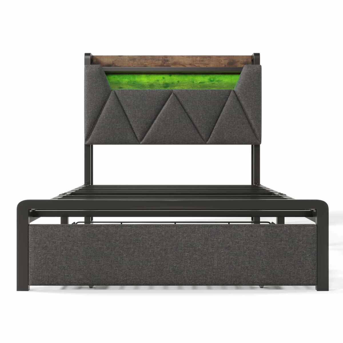 Cama con cajón 90x200cm tapizada en tela de lino - con led y puertos de carga - gris