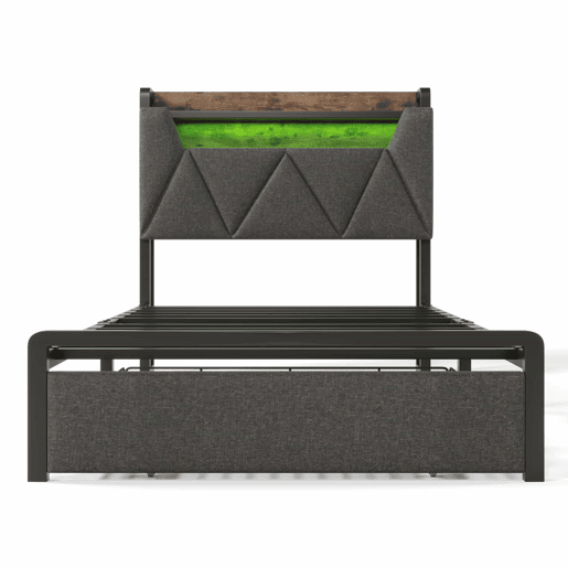 Cama com gaveta 90x200cm estofada em tecido de linho - com LED e portas de carregamento - Cinzento