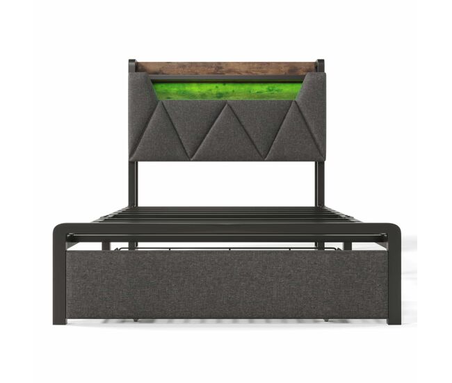 Cama con cajón 90x200cm tapizada en tela de lino - con led y puertos de carga - gris