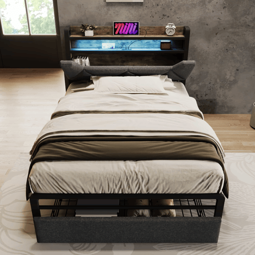 Cama com gaveta 90x200cm estofada em tecido de linho - com LED e portas de carregamento - Cinzento