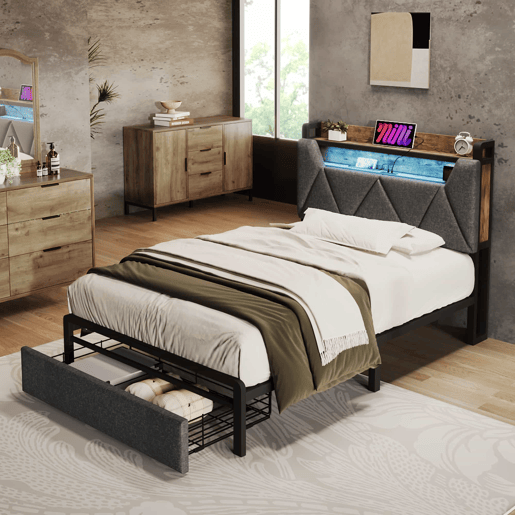 Cama com gaveta 90x200cm estofada em tecido de linho - com LED e portas de carregamento - Cinzento