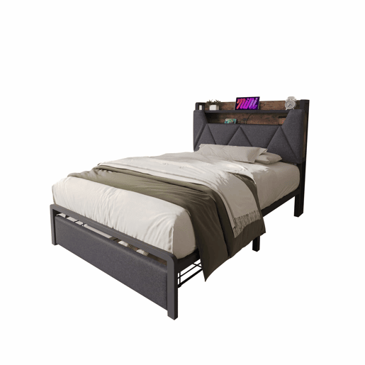 Cama com gaveta 90x200cm estofada em tecido de linho - com LED e portas de carregamento - Cinzento