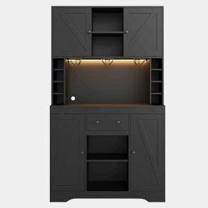 Armário alto de cozinha 180 x 105 x 40 cm - com prateleiras ajustáveis, gaveta, suporte para copos em aço inoxidável, suporte para garrafas, iluminação LED com mudança de cor e tomadas - preto