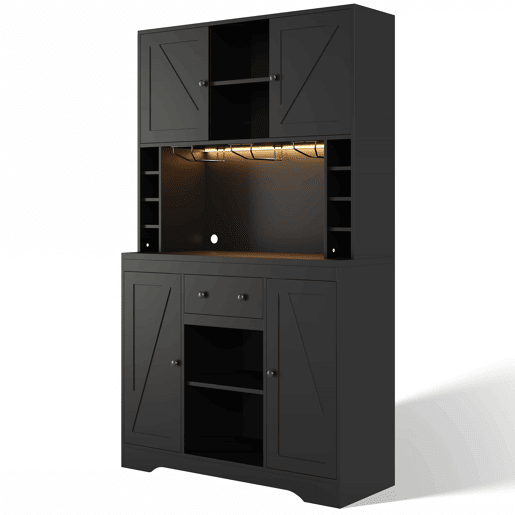Armário alto de cozinha 180 x 105 x 40 cm - com prateleiras ajustáveis, gaveta, suporte para copos em aço inoxidável, suporte para garrafas, iluminação LED com mudança de cor e tomadas - preto