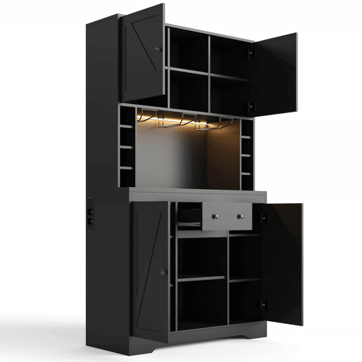 Armário alto de cozinha 180 x 105 x 40 cm - com prateleiras ajustáveis, gaveta, suporte para copos em aço inoxidável, suporte para garrafas, iluminação LED com mudança de cor e tomadas - preto