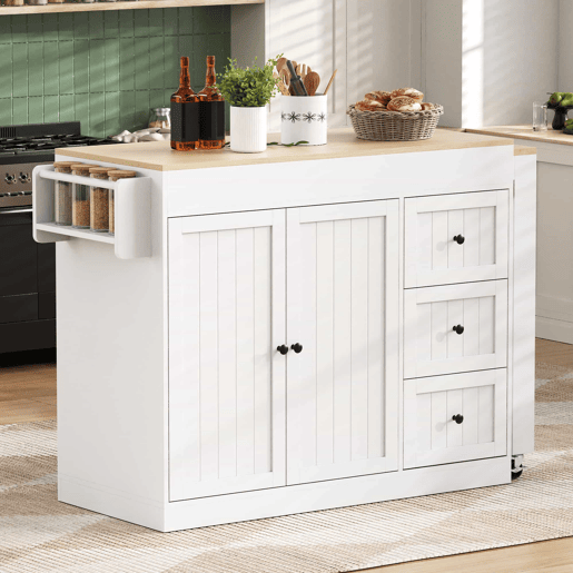 Ilha de cozinha com rodas 130 cm - com mesa extensível, prateleira para especiarias e gavetas, ilha de cozinha móvel independente - Branco