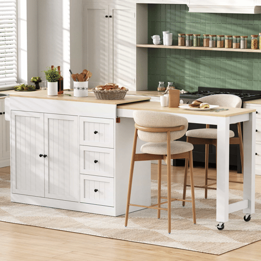 Ilha de cozinha com rodas 130 cm - com mesa extensível, prateleira para especiarias e gavetas, ilha de cozinha móvel independente - Branco