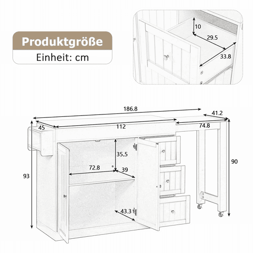 Ilha de cozinha com rodas 130 cm - com mesa extensível, prateleira para especiarias e gavetas, ilha de cozinha móvel independente - Branco