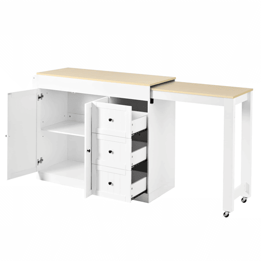 Ilha de cozinha com rodas 130 cm - com mesa extensível, prateleira para especiarias e gavetas, ilha de cozinha móvel independente - Branco