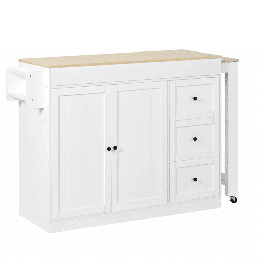 Ilha de cozinha com rodas 130 cm - com mesa extensível, prateleira para especiarias e gavetas, ilha de cozinha móvel independente - Branco