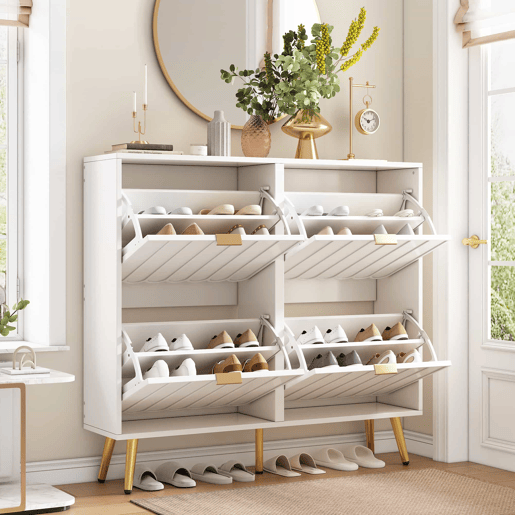 Sapateira estreita 100x24x91,5 cm - 4 compartimentos rebatíveis, com proteção anticaída e prateleiras ajustáveis - Branco