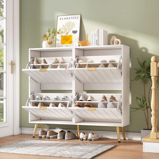 Sapateira estreita 100x24x91,5 cm - 4 compartimentos rebatíveis, com proteção anticaída e prateleiras ajustáveis - Branco