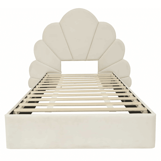 Cama individual 90x200 - cabeceira com pétalas curvas, estilo moderno, confortável, veludo - bege