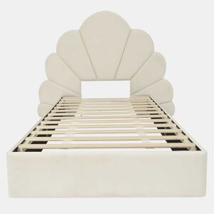 Cama individual 90x200 - cabeceira com pétalas curvas, estilo moderno, confortável, veludo - bege