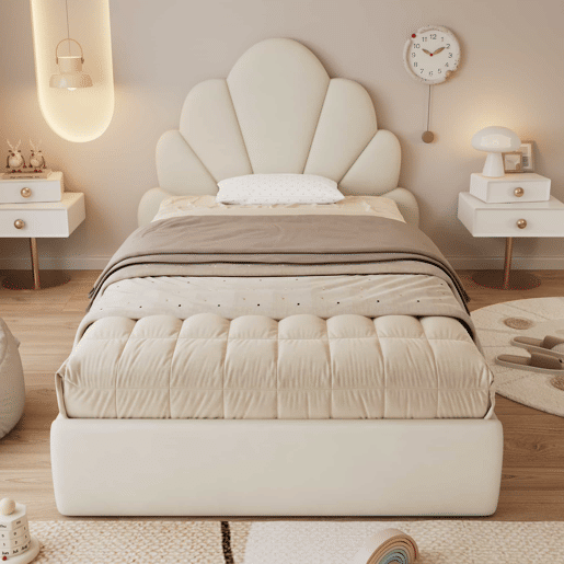Cama individual 90x200 - cabeceira com pétalas curvas, estilo moderno, confortável, veludo - bege
