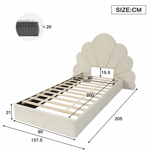 Cama individual 90x200 - cabeceira com pétalas curvas, estilo moderno, confortável, veludo - bege