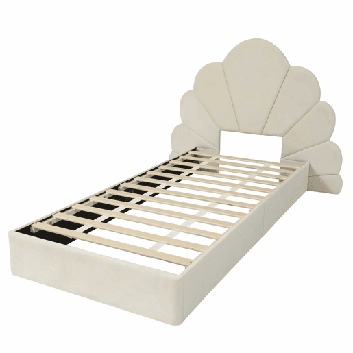 Cama individual 90x200 - cabeceira com pétalas curvas, estilo moderno, confortável, veludo - bege