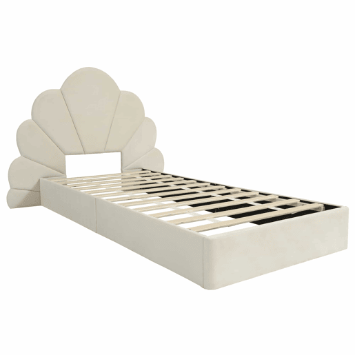Cama individual 90x200 - cabeceira com pétalas curvas, estilo moderno, confortável, veludo - bege