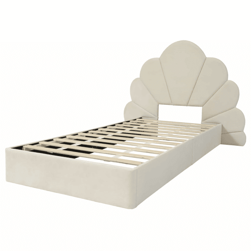 Cama individual 90x200 - cabeceira com pétalas curvas, estilo moderno, confortável, veludo - bege