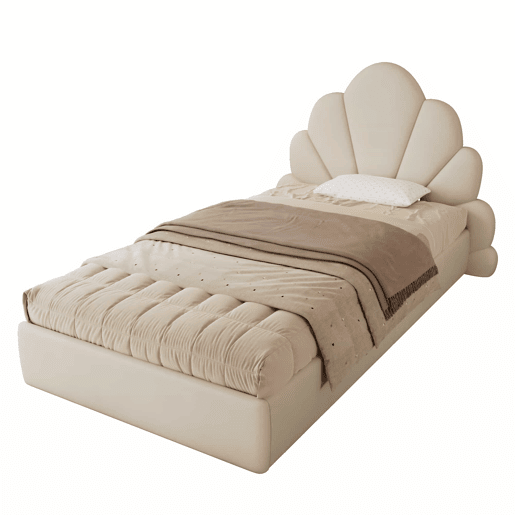Cama individual 90x200 - cabeceira com pétalas curvas, estilo moderno, confortável, veludo - bege