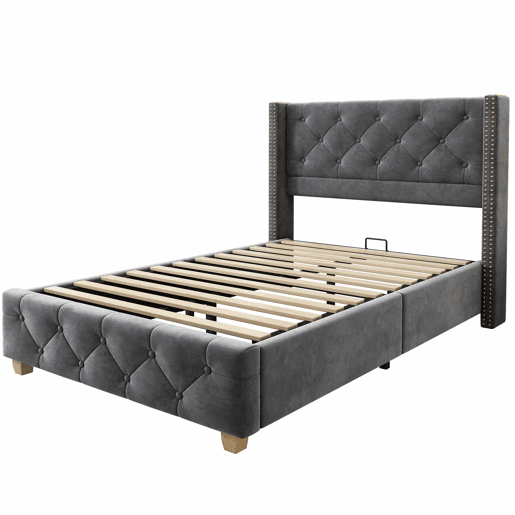 Cama estofada 90*200 - cabeceira acolchoada com botões e tachas, pés de madeira - Cinza