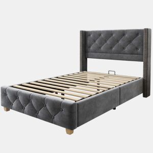 Cama estofada 90*200 - cabeceira acolchoada com botões e tachas, pés de madeira - Cinza