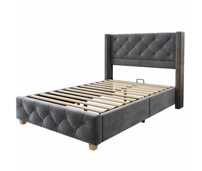 Cama tapizada 90*200 - cabecero acolchado con botones y tachuelas, patas de madera - gris