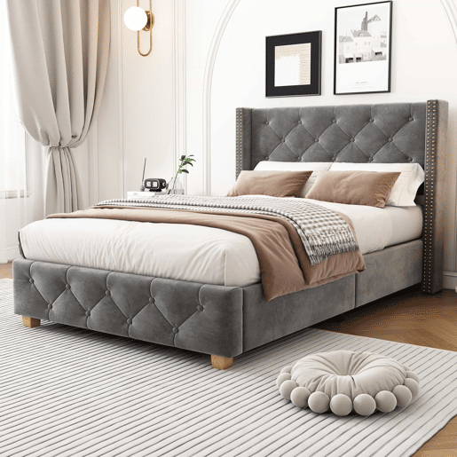 Cama estofada 90*200 - cabeceira acolchoada com botões e tachas, pés de madeira - Cinza