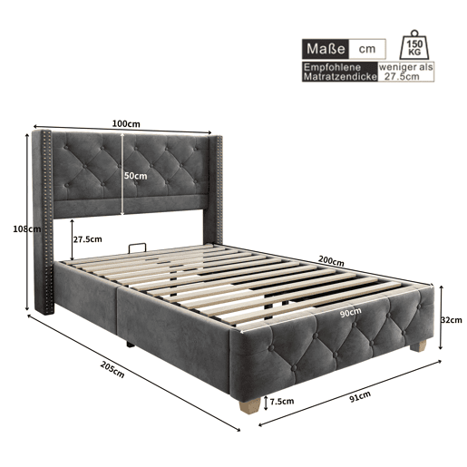 Cama estofada 90*200 - cabeceira acolchoada com botões e tachas, pés de madeira - Cinza
