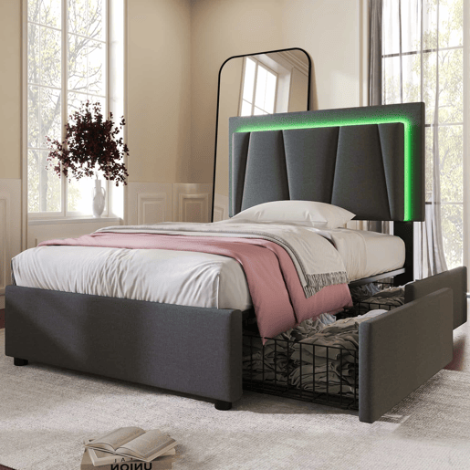 Cama estofada 90x200cm - Com LED e 2 gavetas, cabeceira ajustável - Garu