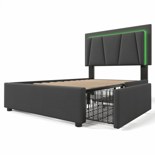 Cama estofada 90x200cm - Com LED e 2 gavetas, cabeceira ajustável - Garu
