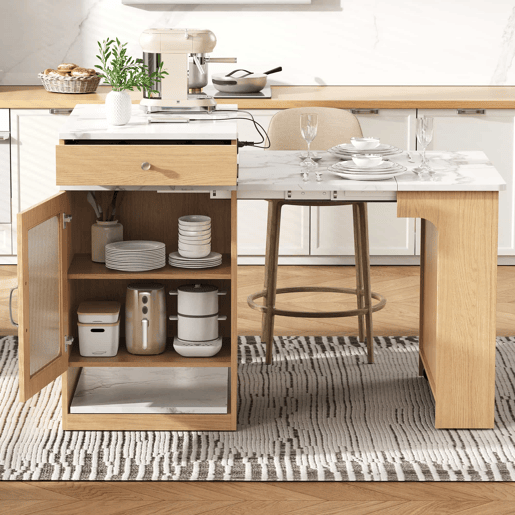 Ilha de cozinha com rodas - mesa extensível com tampo removível, barra com tomadas, multifuncional como ilha, aparador ou balcão para cozinha e sala de jantar - Natural