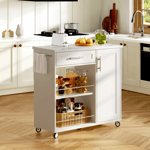 Carrinho de cozinha 90x40x90 cm - com bancada com efeito de mármore, gaveta, armário e prateleiras abertas, rodas com travão e toalheiro - branco