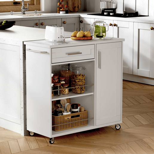 Carrinho de cozinha 90x40x90 cm - com bancada com efeito de mármore, gaveta, armário e prateleiras abertas, rodas com travão e toalheiro - branco