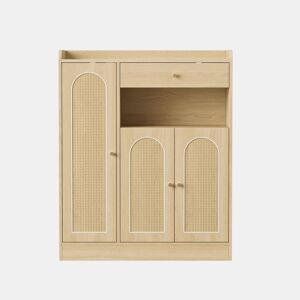 Armário de vime 90x35x110 cm - 1 gaveta, 3 portas com prateleiras ajustáveis, armário de arrumação para a entrada, sala de jantar e corredor - cor de madeira natural