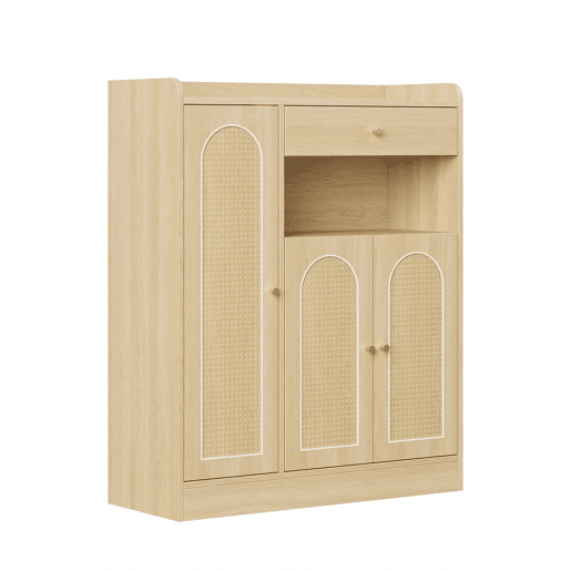 Armário de vime 90x35x110 cm - 1 gaveta, 3 portas com prateleiras ajustáveis, armário de arrumação para a entrada, sala de jantar e corredor - cor de madeira natural