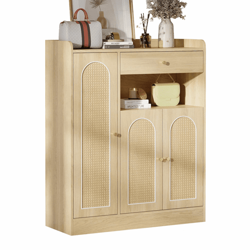 Armário de vime 90x35x110 cm - 1 gaveta, 3 portas com prateleiras ajustáveis, armário de arrumação para a entrada, sala de jantar e corredor - cor de madeira natural