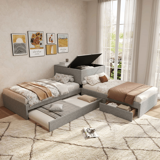 Cama de canto 90x200 - cama individual com gaveta, arrumação, gaveta e armário - cinzento