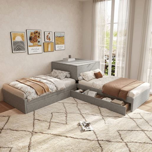 Cama de canto 90x200 - cama individual com gaveta, arrumação, gaveta e armário - cinzento