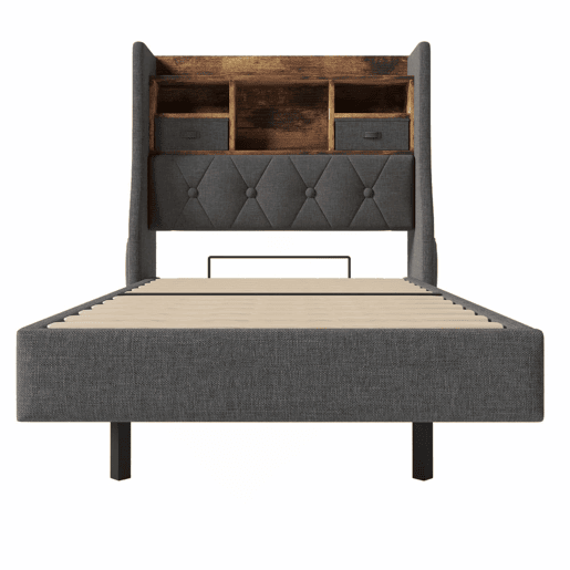 Cama Polsterbett 90x200 cm - Com iluminação LED, cabeceira com arrumação, USB - Cinza