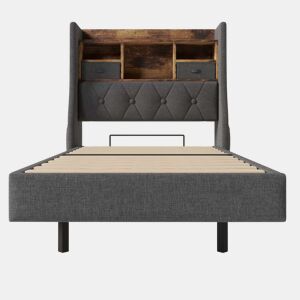 Cama Polsterbett 90x200 cm - Com iluminação LED, cabeceira com arrumação, USB - Cinza