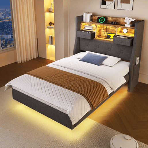 Cama Polsterbett 90x200 cm - Com iluminação LED, cabeceira com arrumação, USB - Cinza