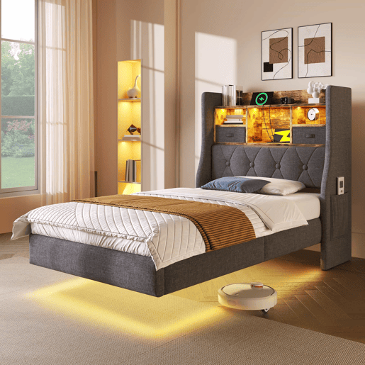 Cama Polsterbett 90x200 cm - Com iluminação LED, cabeceira com arrumação, USB - Cinza