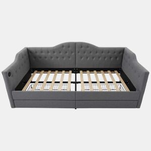 Lit avec tiroirs 90x200cm estofado em linho - com função de carga e estrado de ripas - Cinzento (colchão não incluído)