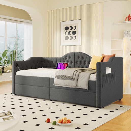 Lit avec tiroirs 90x200cm estofado em linho - com função de carga e estrado de ripas - Cinzento (colchão não incluído)