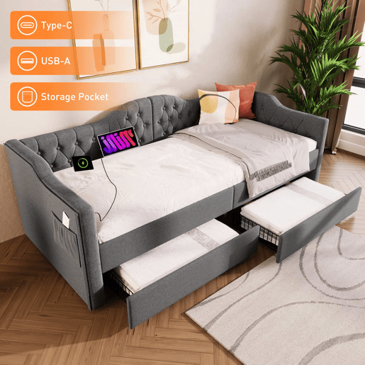 Lit avec tiroirs 90x200cm estofado em linho - com função de carga e estrado de ripas - Cinzento (colchão não incluído)