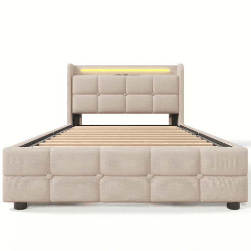 Cama estofada 90x200cm em linho - com LED e portas de carregamento USB - 2 gavetas - Bege